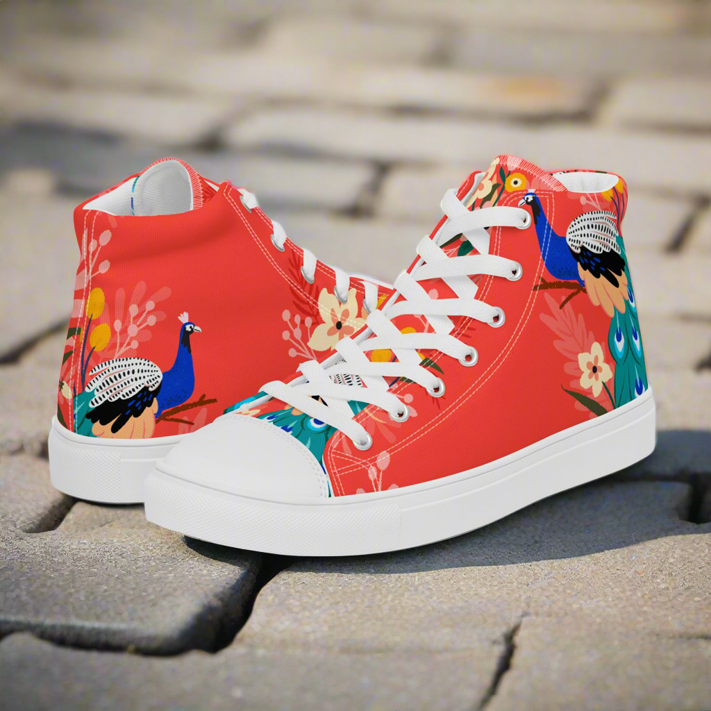 High Top Canvas-Schuhe mit floralem Pfauen-Design – Farbenfroh und stilvoll