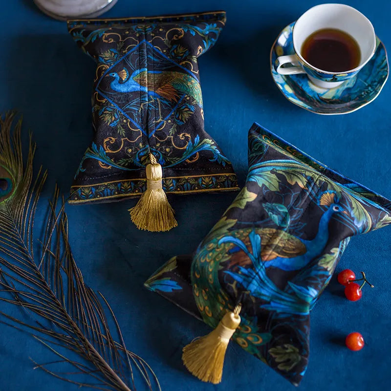 Luxury Peacock Design Velvet Tissue Holder - Royal Blue, Vintage Style