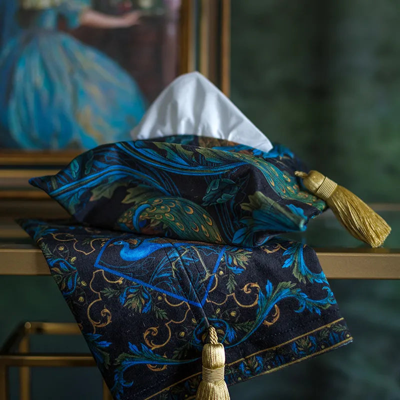 Luxury Peacock Design Velvet Tissue Holder - Royal Blue, Vintage Style