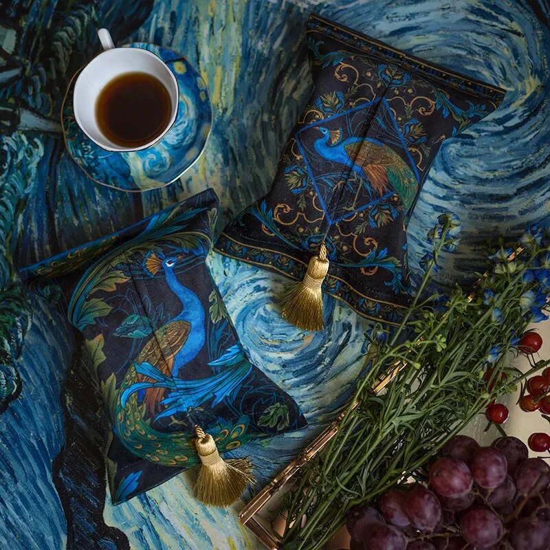 Luxury Peacock Design Velvet Tissue Holder - Royal Blue, Vintage Style