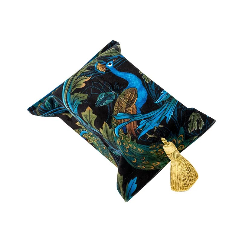Luxury Peacock Design Velvet Tissue Holder - Royal Blue, Vintage Style