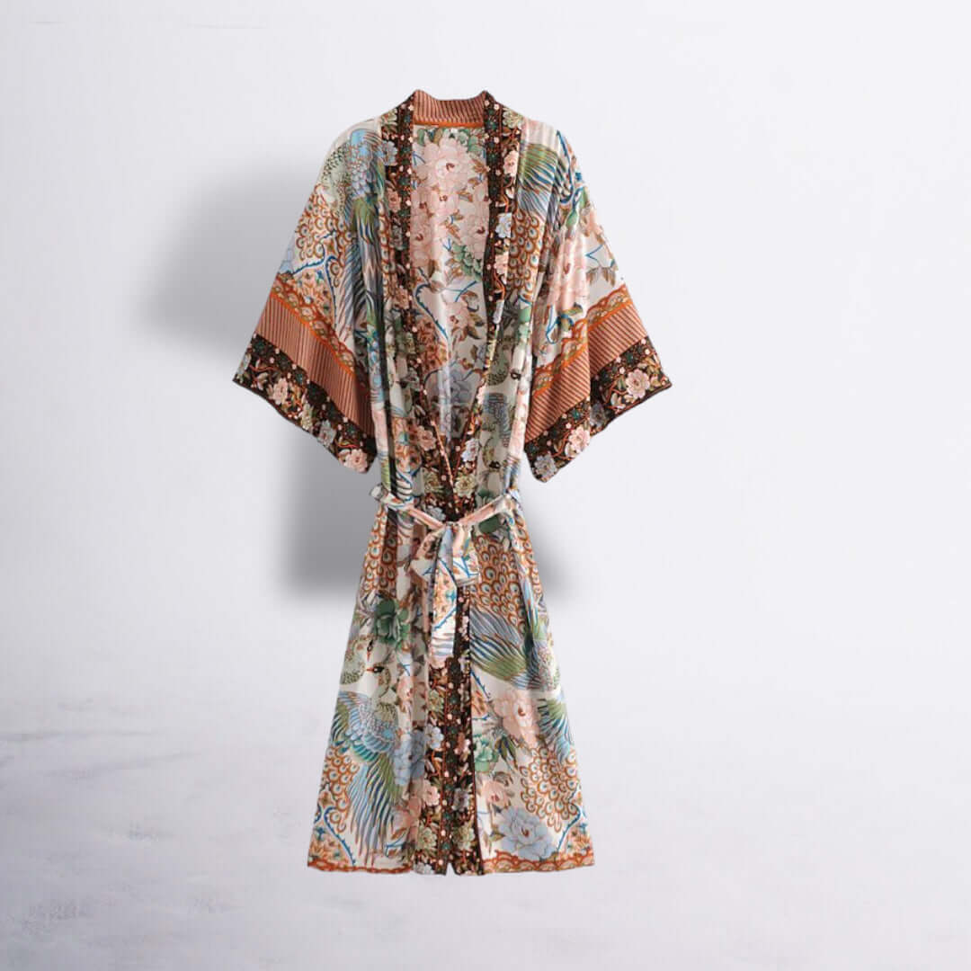 Bohemian Pfauen-Kimono: Damen Cover-up mit Fledermausärmeln