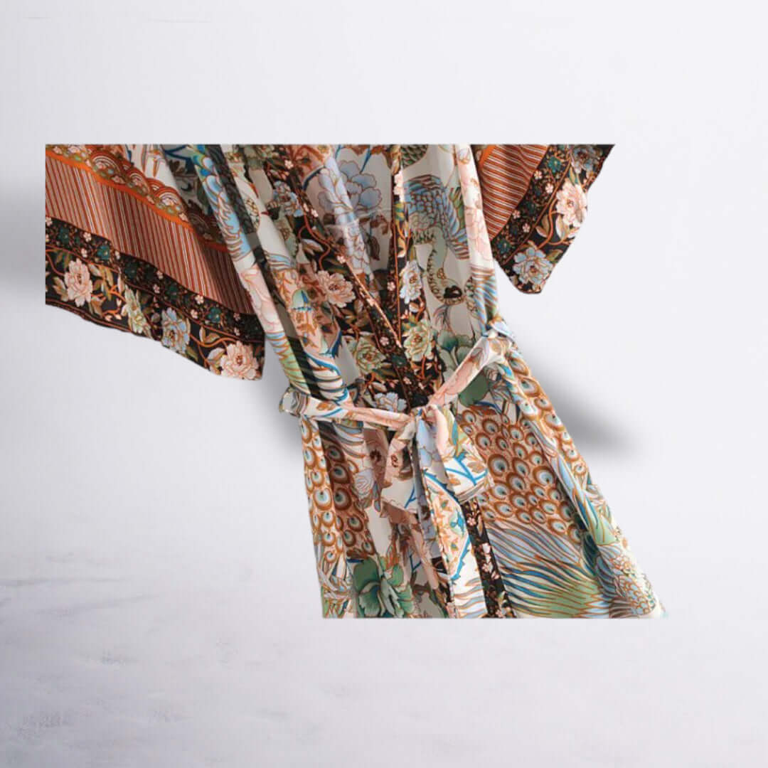 Bohemian Pfauen-Kimono: Damen Cover-up mit Fledermausärmeln