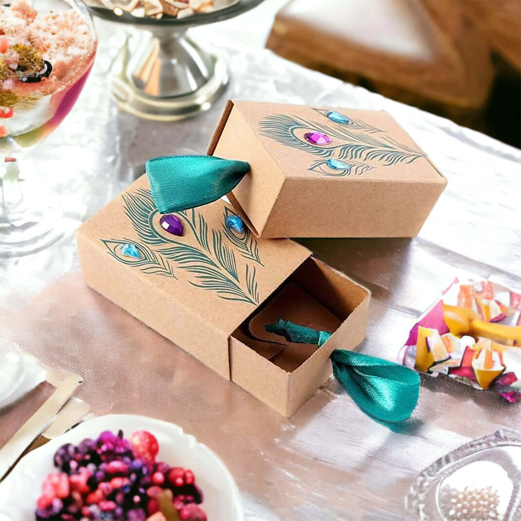 Set of 5 peacock feather candy boxes: The elegant eye-catcher for every occasion!