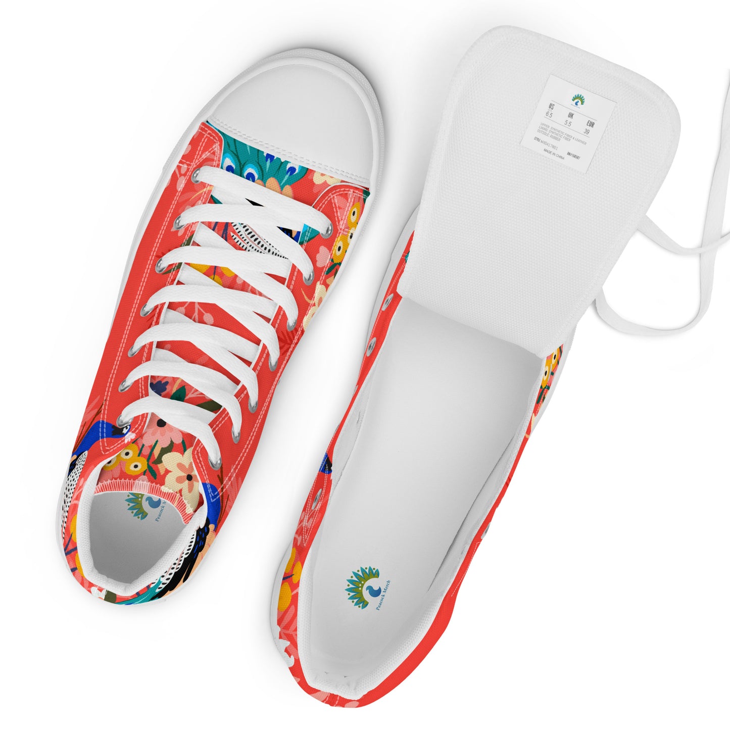 High Top Canvas-Schuhe mit floralem Pfauen-Design – Farbenfroh und stilvoll