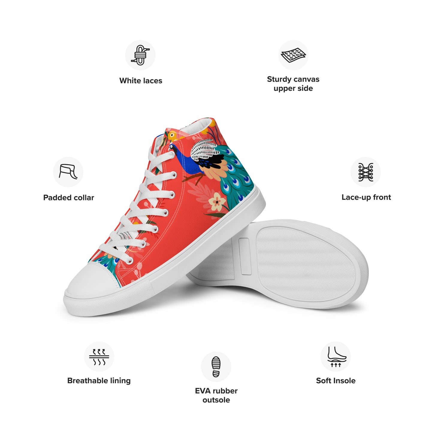 High Top Canvas-Schuhe mit floralem Pfauen-Design – Farbenfroh und stilvoll