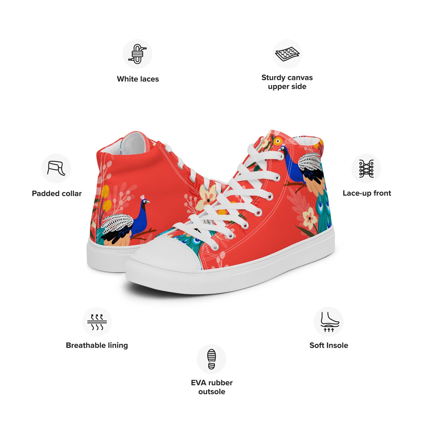 High Top Canvas-Schuhe mit floralem Pfauen-Design – Farbenfroh und stilvoll