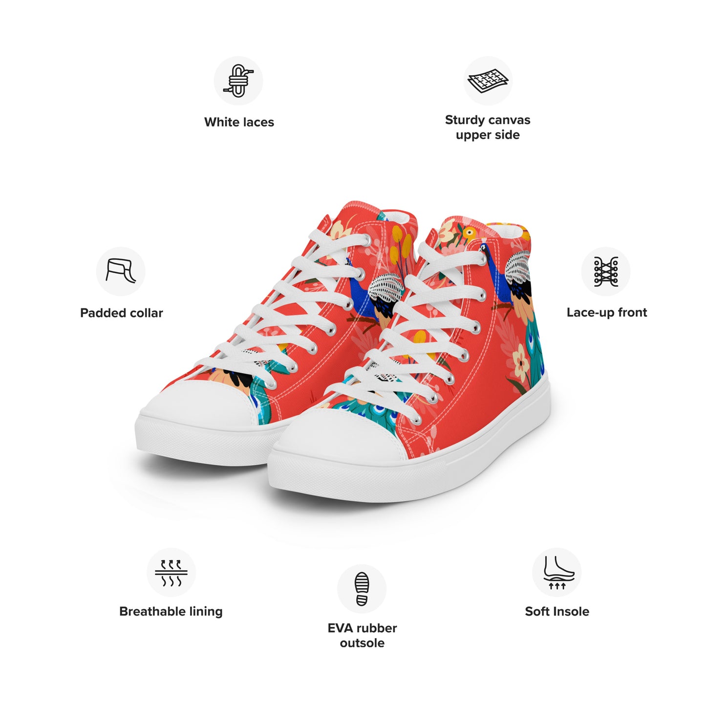 High Top Canvas-Schuhe mit floralem Pfauen-Design – Farbenfroh und stilvoll