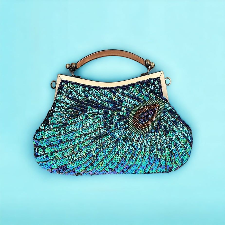 Elegante Abendtasche mit Pfauenmuster und Perlenverzierung