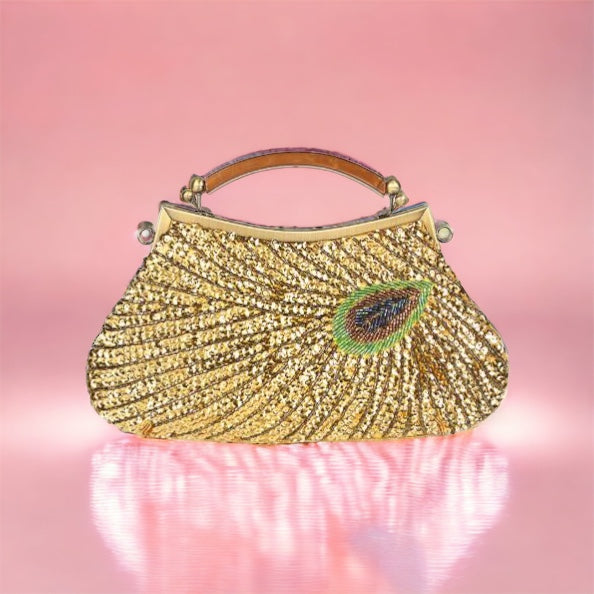 Elegante Abendtasche mit Pfauenmuster und Perlenverzierung