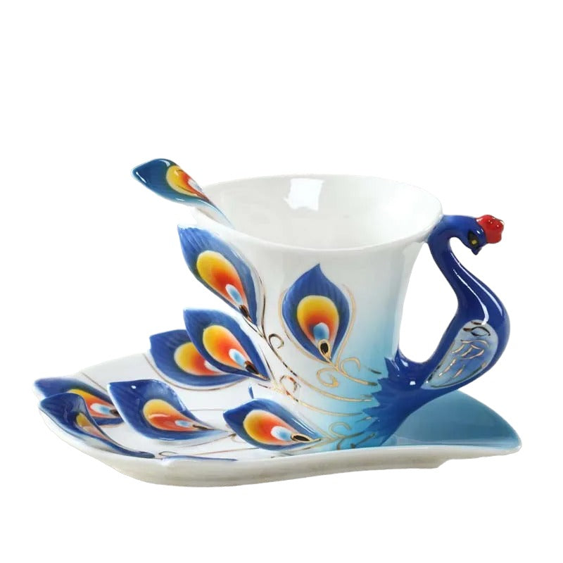 Pfau Kaffeetassen-Set mit Löffel - Kunstvoll & Stilvoll