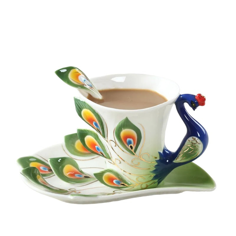 Pfau Kaffeetassen-Set mit Löffel - Kunstvoll & Stilvoll