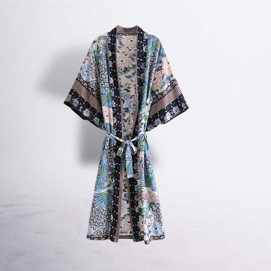 Bohemian Pfauen-Kimono: Damen Cover-up mit Fledermausärmeln